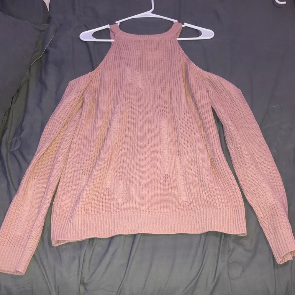 blush pink distressed off the shoulder sweater